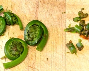 Fiddleheads - the edible and delicious unopened fronds of a wild fern. Harvested for a few short weeks in late Spring, they are sold in farmer's markets.