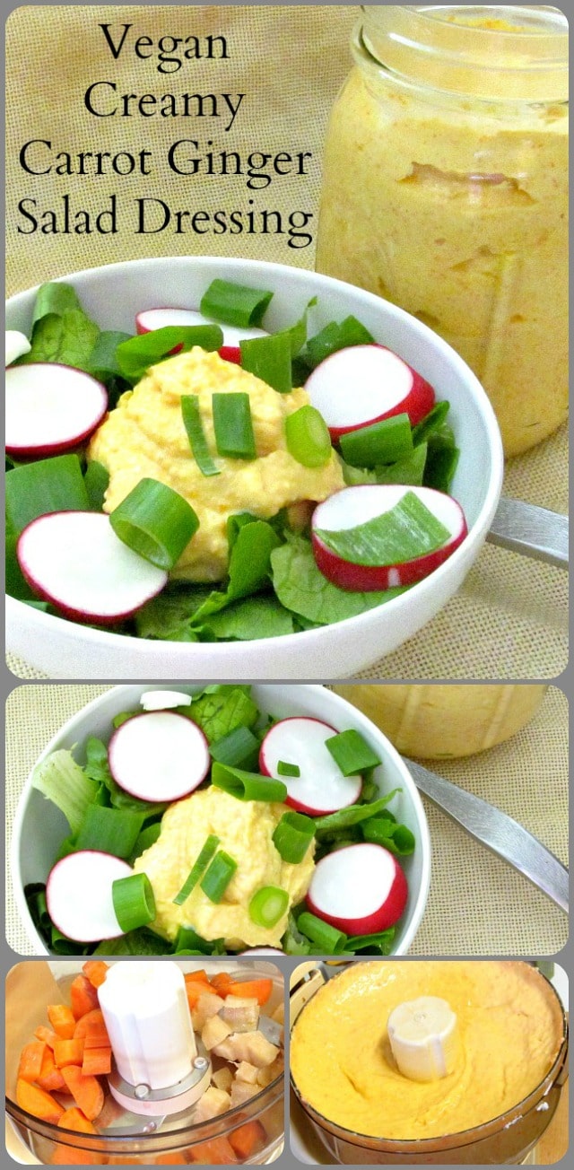 Use silk tofu to make this creamy, vegan carrot ginger salad dressing. Lovely with a tossed salad, a grain based salad, or as a dip. 