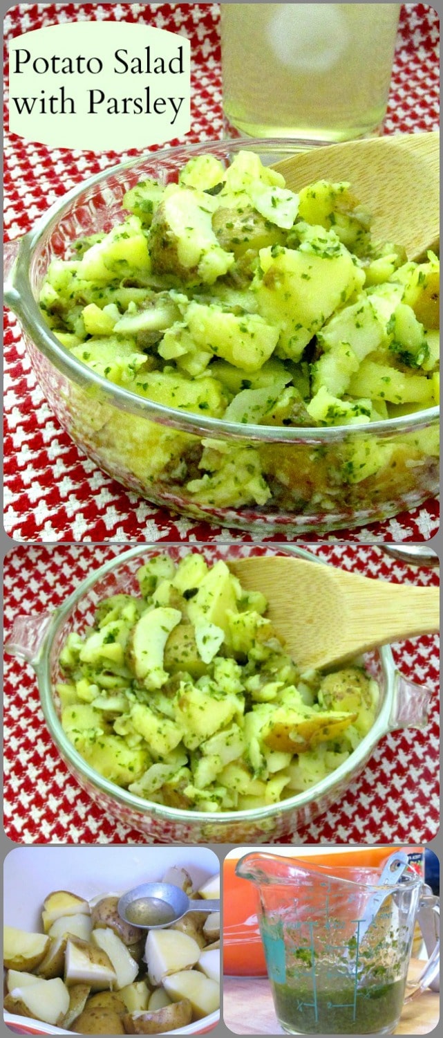 Potato salad made with an herbed oil and vinegar dressing - excellent for lunch boxes, picnics, and anyplace you want a lighter salad - and no mayo!