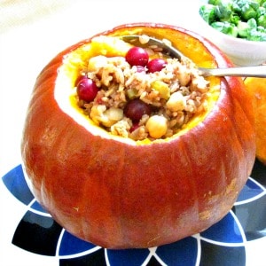 A vegan Stuffed Pumpkin gives everyone an impressive dish to serve at a Thanksgiving dinner.