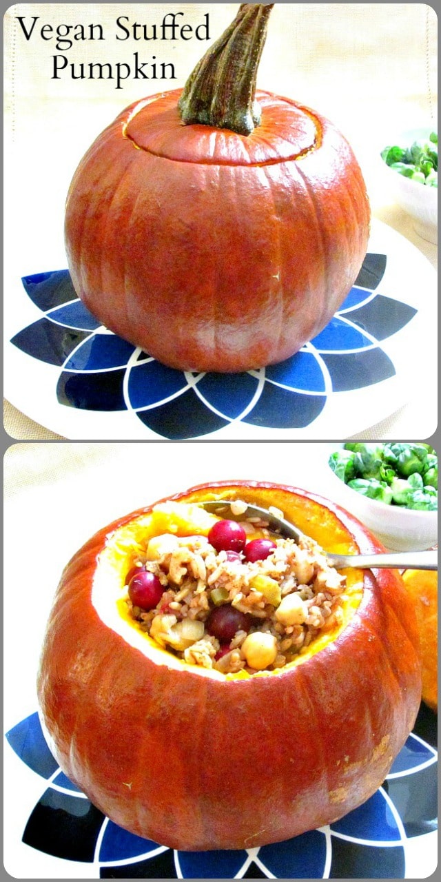 A vegan Stuffed Pumpkin gives everyone an impressive dish to serve at a Thanksgiving dinner.