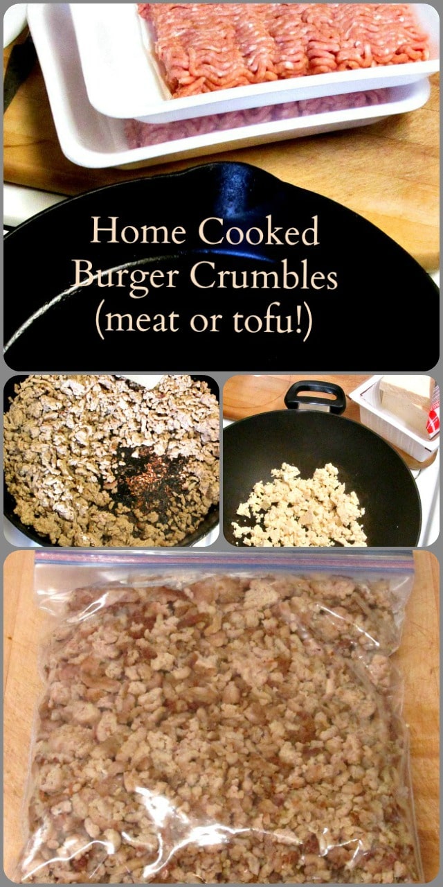 Precook meat or veggie crumbles to keep in the freezer for easy meals on a busy day!