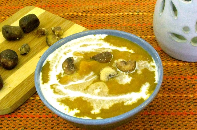 Rich and sweet, Chestnut Soup made with butternut squash is gluten free and vegan (with optional dairy garnish.) Luxurious first course for an elegant meal! 