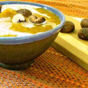 Rich and sweet, Chestnut Soup made with butternut squash is gluten free and vegan (with optional dairy garnish.) Luxurious first course for an elegant meal! 