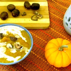 Rich and sweet, Chestnut Soup made with butternut squash is gluten free and vegan (with optional dairy garnish.) Luxurious first course for an elegant meal! 