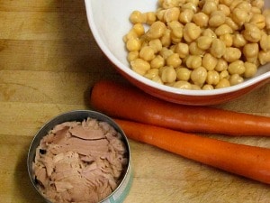 Why eat a plain tuna salad when you can have a Tuna Chickpea Salad with Carrots? Several textures, so much flavor, and a quick, terrific lunch! 