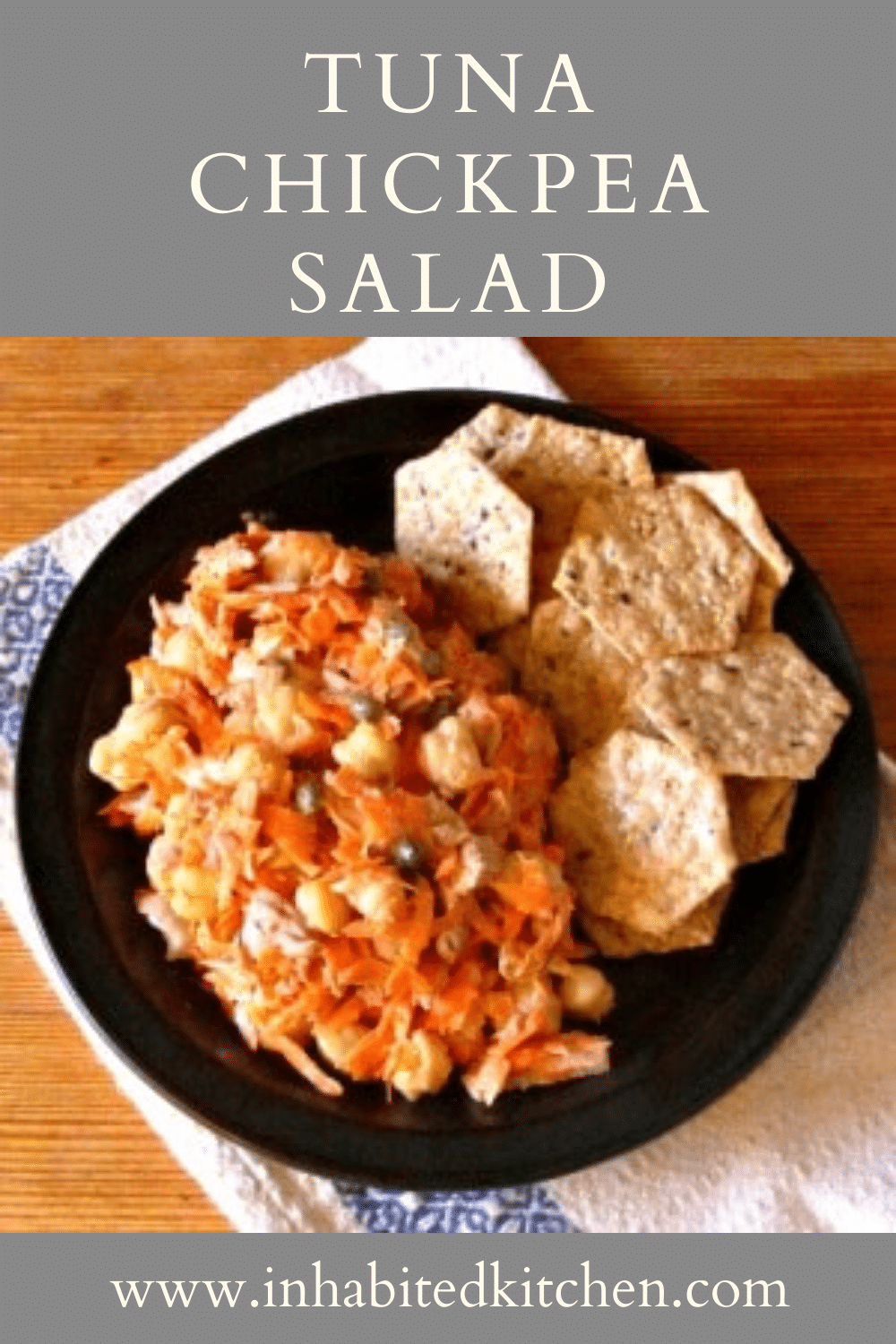 Tuna Chickpea Salad with Carrots, on a plate with crackers