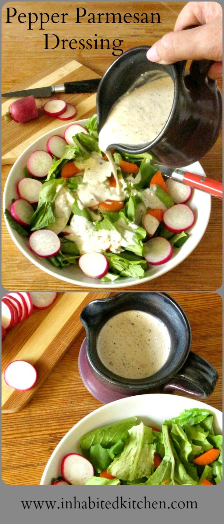 Pepper Parmesan Salad Dressing adds a punch of flavor to a simple green salad. It's easy to make, with ingredients you may already have on hand. 