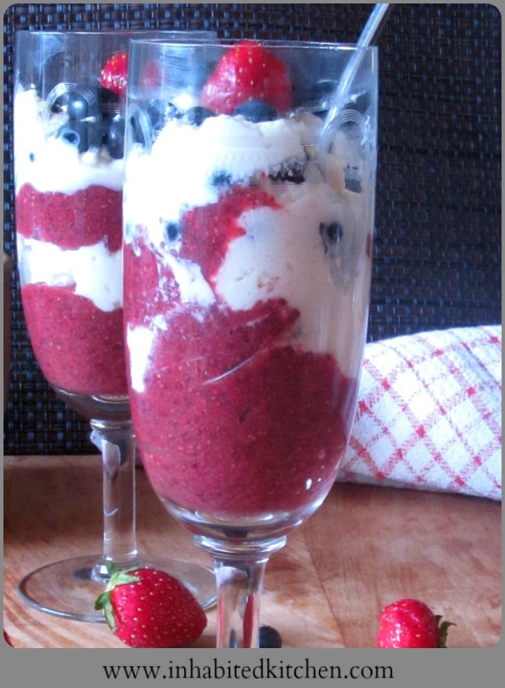 A sugarfree chia fruit parfait makes a perfect dessert for the Fourth of July or other holidays! Simple, delicious, and attractive.