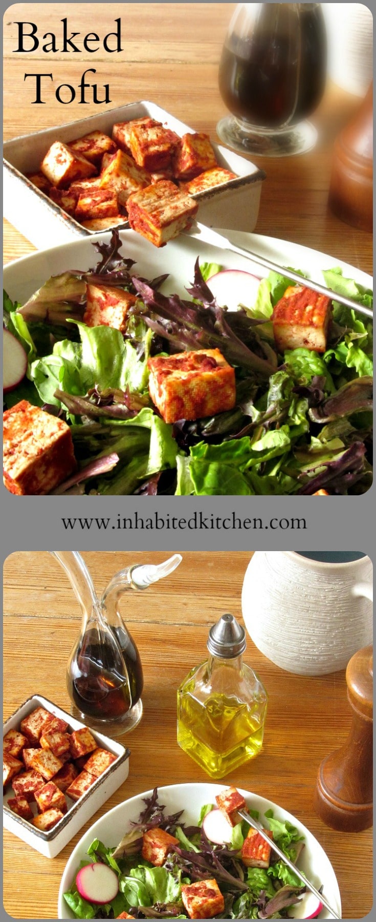 It's easy to season and bake tofu, which is delicious in salad or other recipes. No need to buy the packaged product, this suits your own taste!