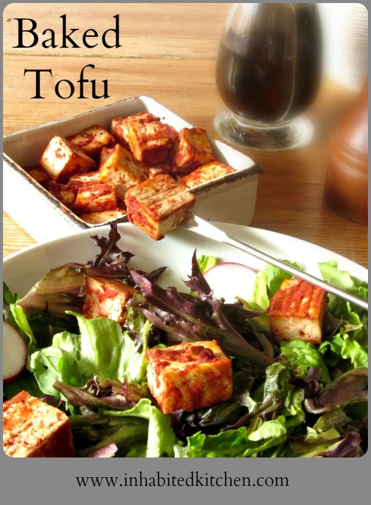 It's easy to season and bake tofu, which is delicious in salad or other recipes. No need to buy the packaged product, this suits your own taste!