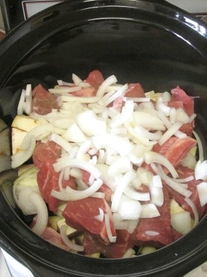 Layer eggplant and beef in a slow cooker, and add a little seasoning, for a super simple, delicious, and gluten free dinner! 