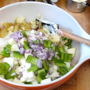 Potato Vegetable Salad? Vegetable Potato Salad? And I didn't even mention the eggs... Creamy potatoes and eggs, crunchy vegetables, and lots of flavor. 