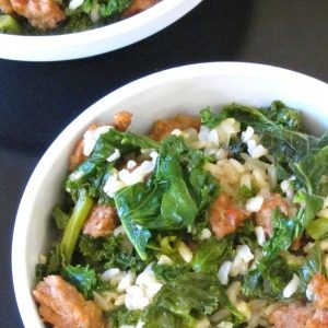 Italian Sausage and Kale come together in a rice bowl for a quick and easy, but hearty and delicious, skillet meal!