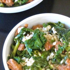 Italian Sausage and Kale come together in a rice bowl for a quick and easy, but hearty and delicious, skillet meal! 