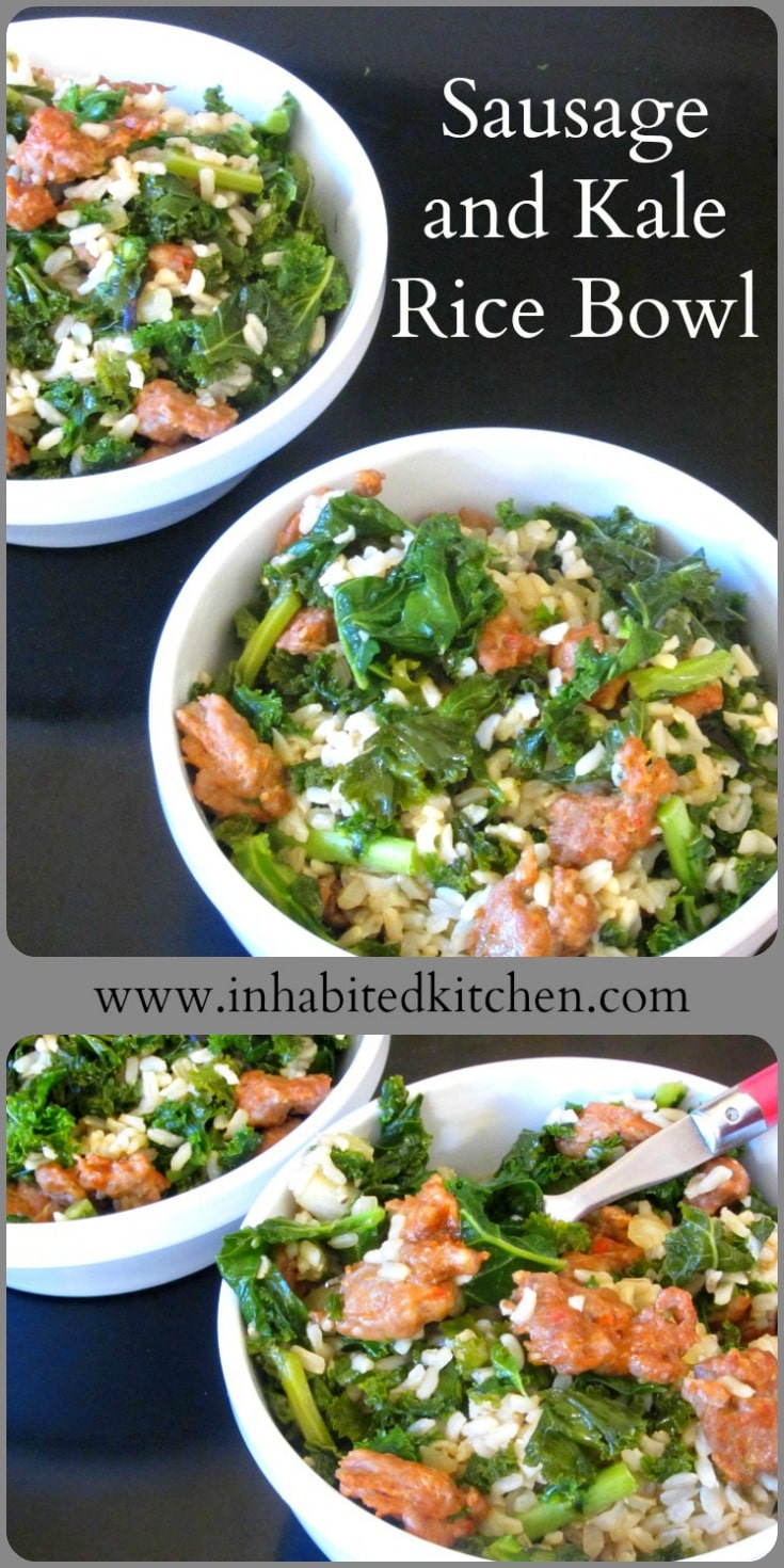 Italian Sausage and Kale come together in a rice bowl for a quick and easy, but hearty and delicious, skillet meal! 