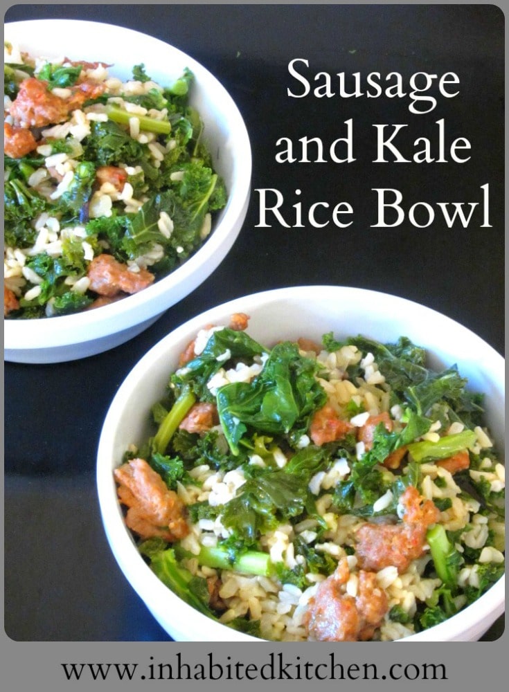 Italian Sausage and Kale come together in a rice bowl for a quick and easy, but hearty and delicious, skillet meal! 