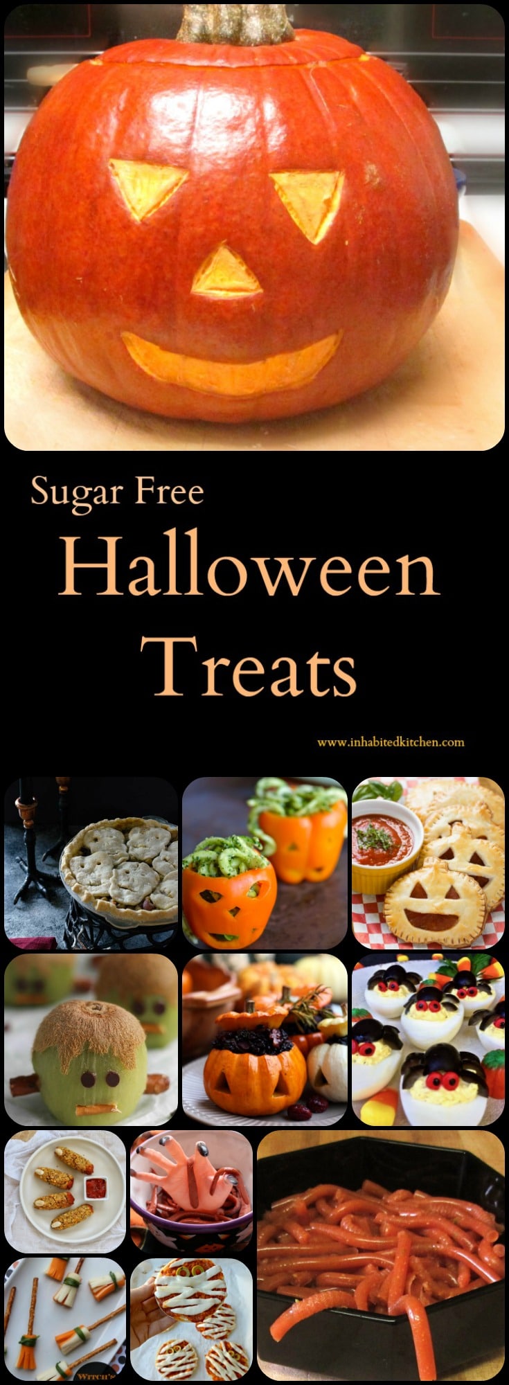 Are you looking for sugarfree Halloween treats, or some real food for a Halloween meal? Here are a dozen suggestions for an unsweetened Halloween!