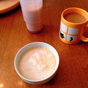 Breakfast - Grits, protein shake with kefir and OJ, and coffee.