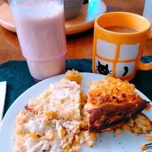 Cornbread and protein shake, with coffee, for breakfast. 