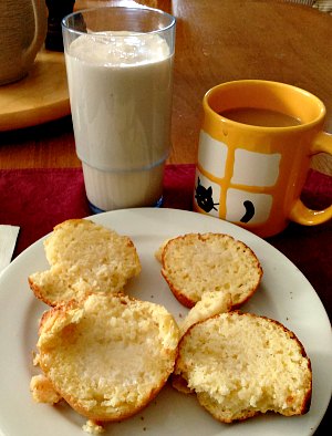 WIAW 189 - Breakfast - corn muffins and protein shake