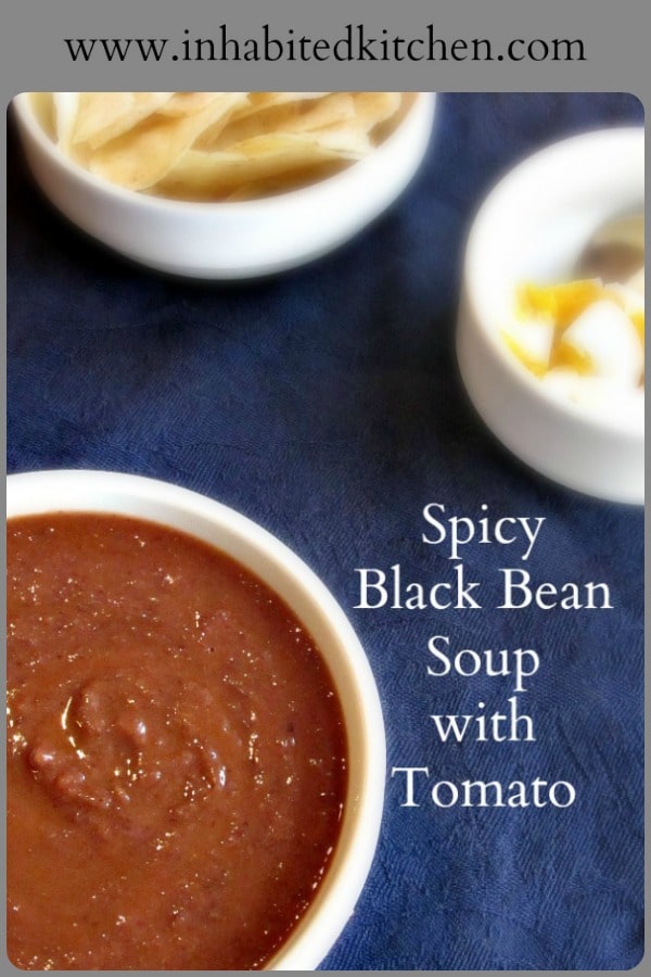 I make a spicy black bean soup with plenty of tomato! Great for lunch, or a cup of soup to start a meal, and it freezes and reheats beautifully. #blackbeans #beansoup 