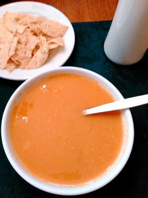 Red Lentil and Squash soup, with tortilla chips on the side. 