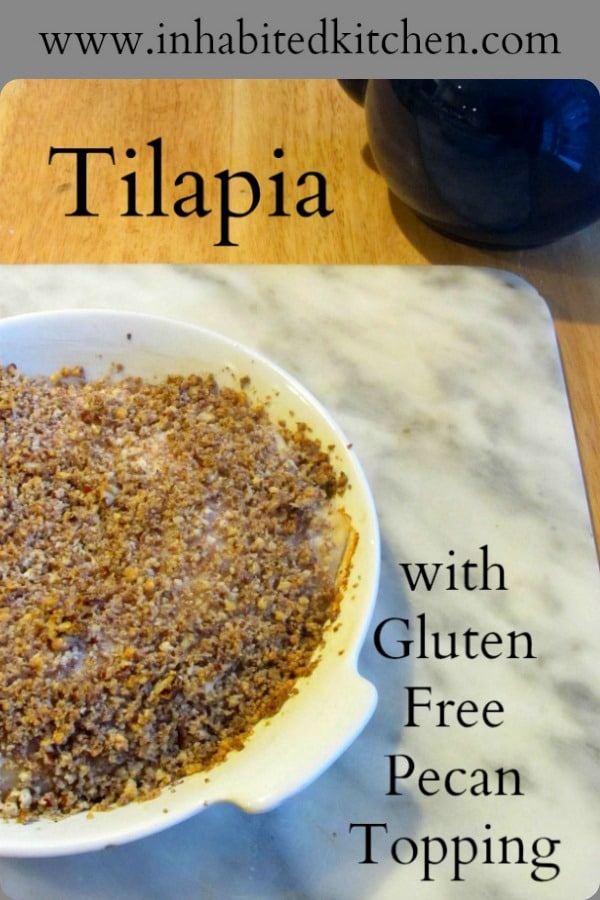 Gluten free pecan topping adds flavor and crunch to tilapia (or any other white fish!) Easy to prepare, delicious whether you need to avoid gluten or not!