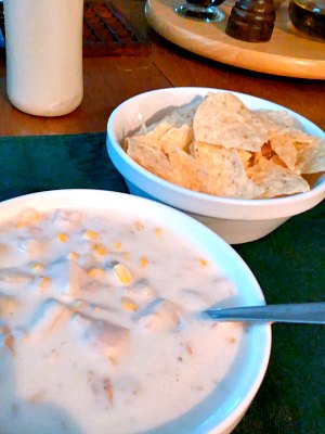 Lunch - clam chowder and tortilla chips