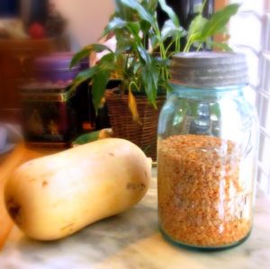 Butternut squash and jar of red lentils.