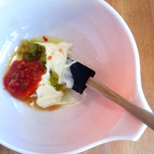 Bowl with mayonnaise, salsa, and relish
