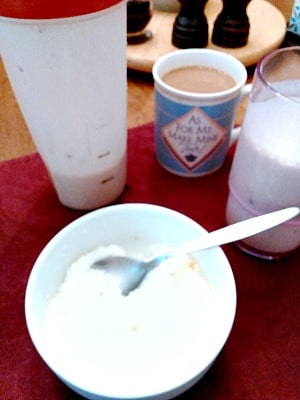 Breakfast - grits, protein shake, and coffee. 