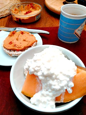 Lunch - cantaloupe and cottage cheese, rice cakes with a little hummus