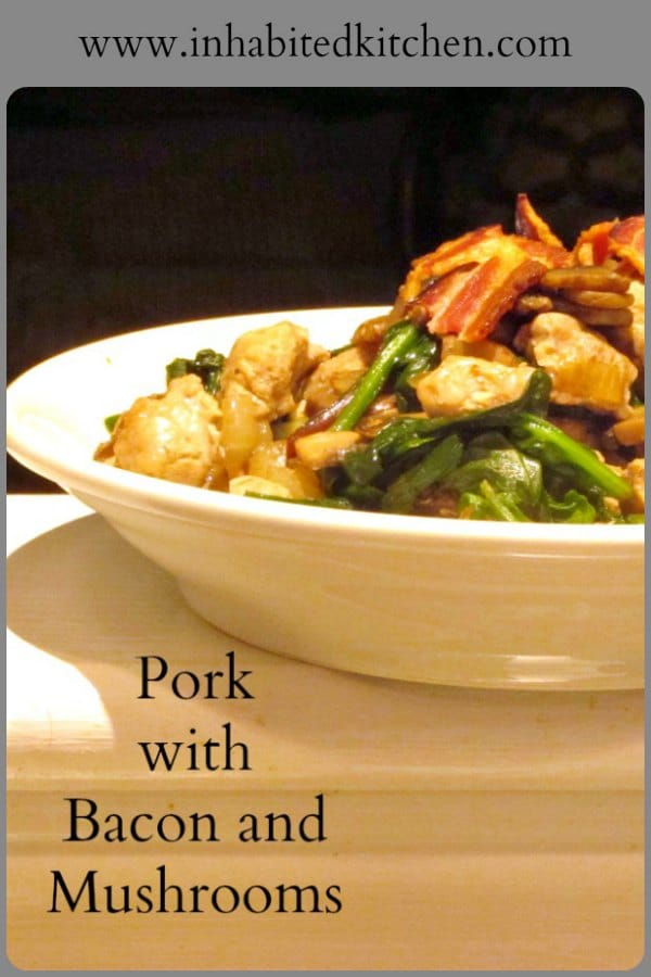 Bacon and mushrooms go wonderfully together, and pork makes a perfect third. Add baby greens and you have most of a meal! Pork with Bacon and Mushrooms - a simple skillet meal that looks so elegant and tastes so good!