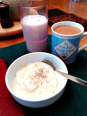Breakfast - grits, protein shake, and coffee