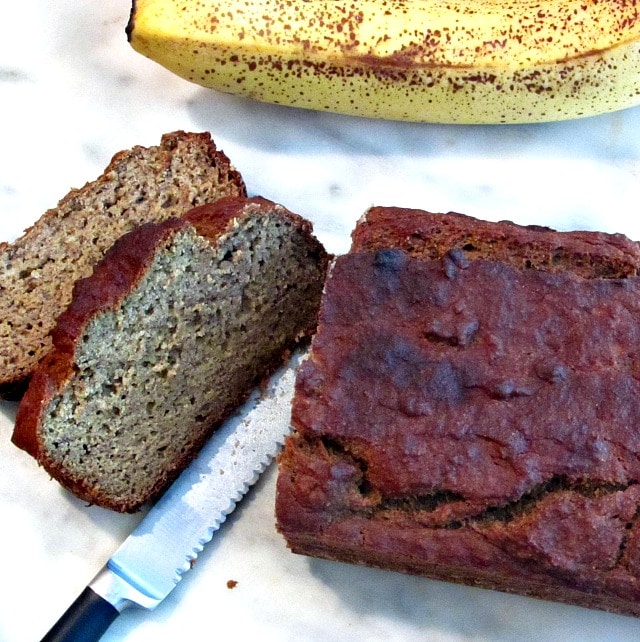 Tender, moist slices of rich sugar free, gluten free banana bread. 