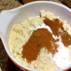 Dry ingredients for banana bread in a bowl, ready to be whisked together. 
