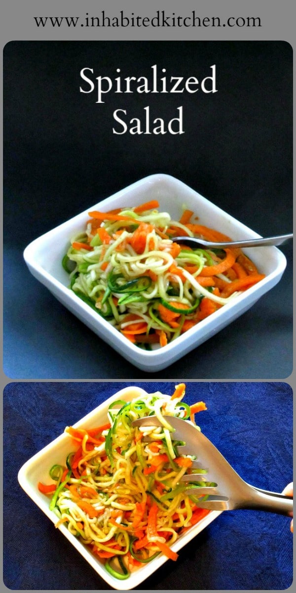 Cut long strands of vegetables with a spiralizer and toss them into a simple Spiralized Salad - tender-crisp, fresh, and easy to eat! #salad #spiralizer #