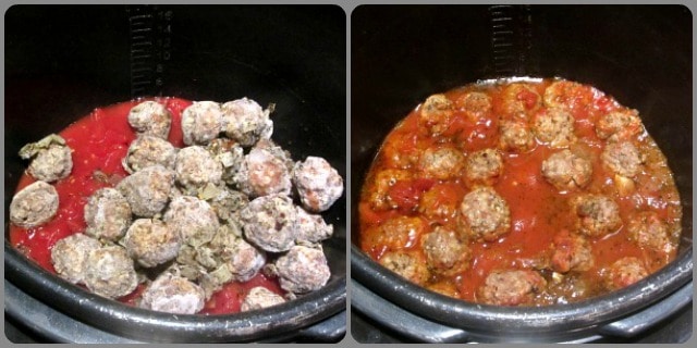 Meatballs in Tomato Sauce, before and after cooking in the pressure cooker