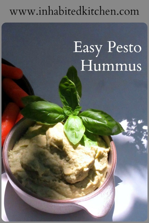 Make this incredibly easy Pesto Hummus in five minutes! Then serve with crackers or vegetable stick dippers, or pack and carry for an easy snack or part of a packed meal. 
