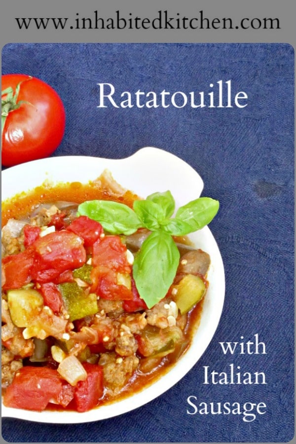 Add Italian Sausage to Ratatouille for a different skillet meal starring the glorious vegetables available in high summer!