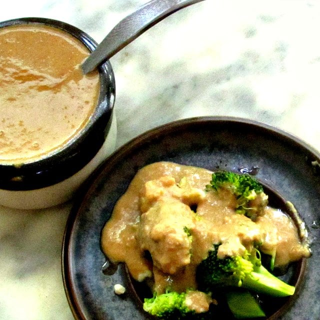 Super Simple Peanut Sauce poured over vegetables