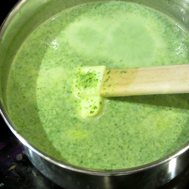 Instant Cream of Spinach Soup in a saucepan