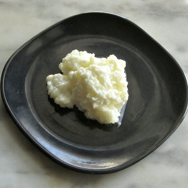 Milk kefir grains on a black plate