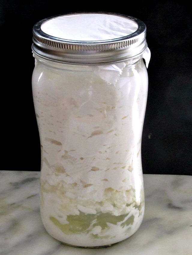 Over fermented kefir that has begun to separate. 