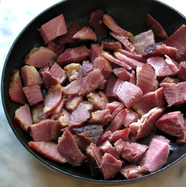 Skillet of cut up ham.